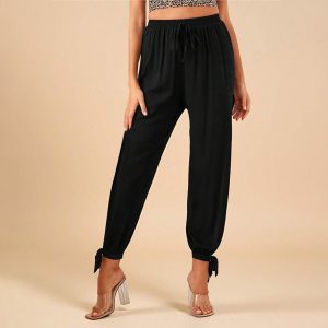 Women's Black High Waisted Drawstring Casual Harem Pants with Split Cuffs