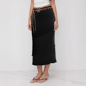 Women’s Mid-Length Black Skirt – Comfortable Stretch Synthetic Fabric