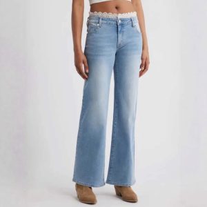 Women’s Lace-Trimmed Wide-Leg Jeans – Mid-Rise Stretch Denim Pants