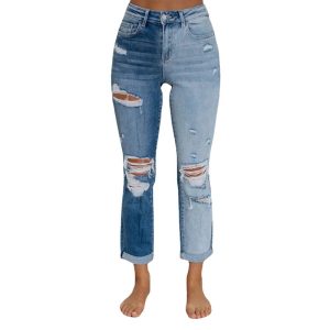 Women’s Gradient-Dye Ripped Jeans – Mid-Rise Straight Leg Denim Pants | Fashionira