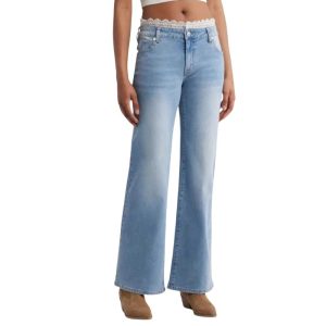 Women’s Lace-Trimmed Wide-Leg Jeans – Mid-Rise Stretch Denim Pants _ Fashionira