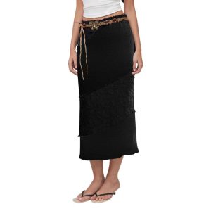 Women’s Mid-Length Black Skirt – Comfortable Stretch Synthetic Fabric _ Fashionira