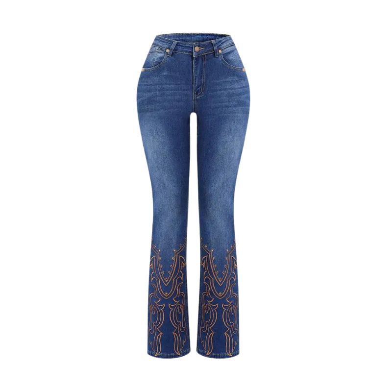 Women’s Retro Embroidered Flared Jeans – Mid-Rise Stretch Denim _ Fashionira