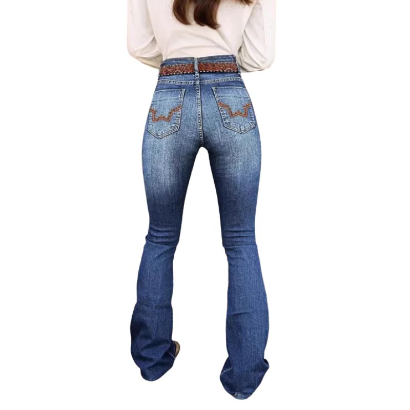 Women’s Retro Embroidered Flared Jeans – Mid-Rise Stretch Denim _ Fashionira