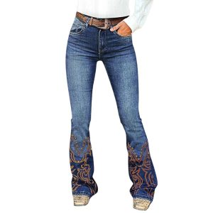 Women’s Retro Embroidered Flared Jeans – Mid-Rise Stretch Denim _ Fashionira