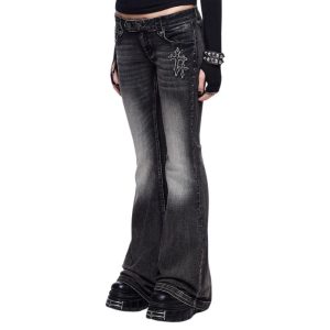 Women’s Retro Wing-Pattern Slim Flared Jeans – Low-Rise Ice Wash Denim _ Fashionira (2) Women’s Retro Wing-Pattern Slim Flared Jeans – Low-Rise Ice Wash Denim _ Fashionira