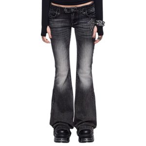 Women’s Retro Wing-Pattern Slim Flared Jeans – Low-Rise Ice Wash Denim _ Fashionira