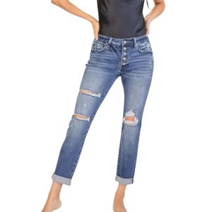 Women’s Ripped Straight Leg Jeans – Slim Fit Cropped Denim Pants _ Fashionira