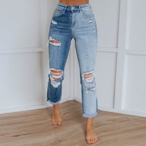 Women’s Gradient-Dye Ripped Jeans – Mid-Rise Straight Leg Denim Pants
